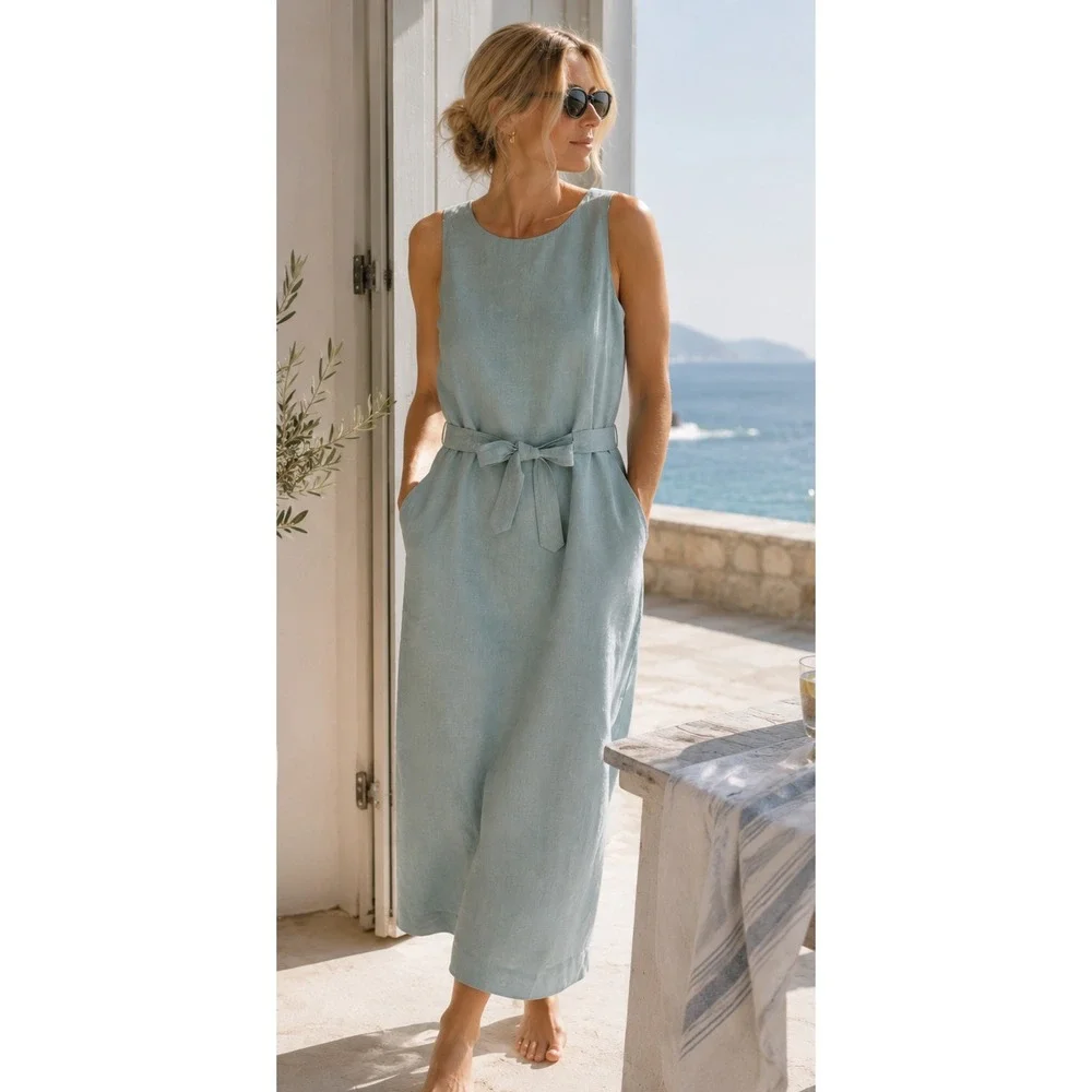 VTG 90s Yves Cossette Depeche Mode Women Linen Midi Dress Small Coastal Vacation - Picture 1 of 10